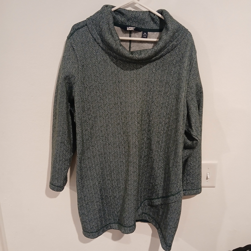 Lands' End Herringbone Cowl Neck Sweater - Green and White 2X